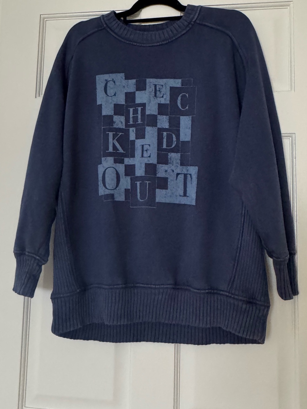 aerie Navy Blue "CHECKED OUT" Graphic Crewneck Sweater